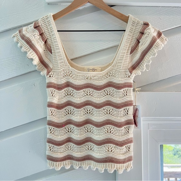 Jessica Simpson Tops - NWT Jessica Simpson Crochet Square Neck Top Y2K Boho Cream Brown XS Blouse